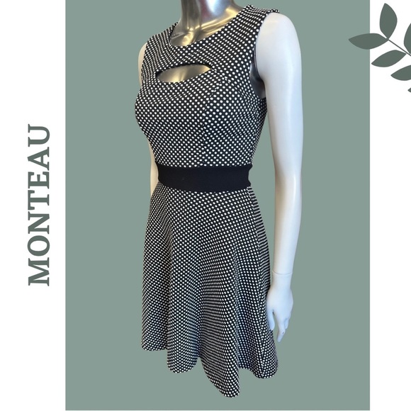 🛍️3/$40 Monteau A-Line Sleeveless Dress Black Whitee Polka Dot Cut Out Sz Small - Picture 4 of 7